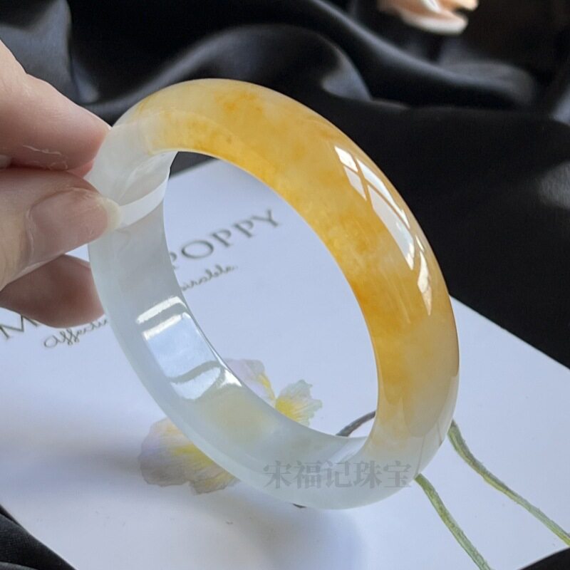 缅甸老坑冰种蜜黄翡翡翠手镯玉石黄翡鸡油黄半山半水玉镯子女