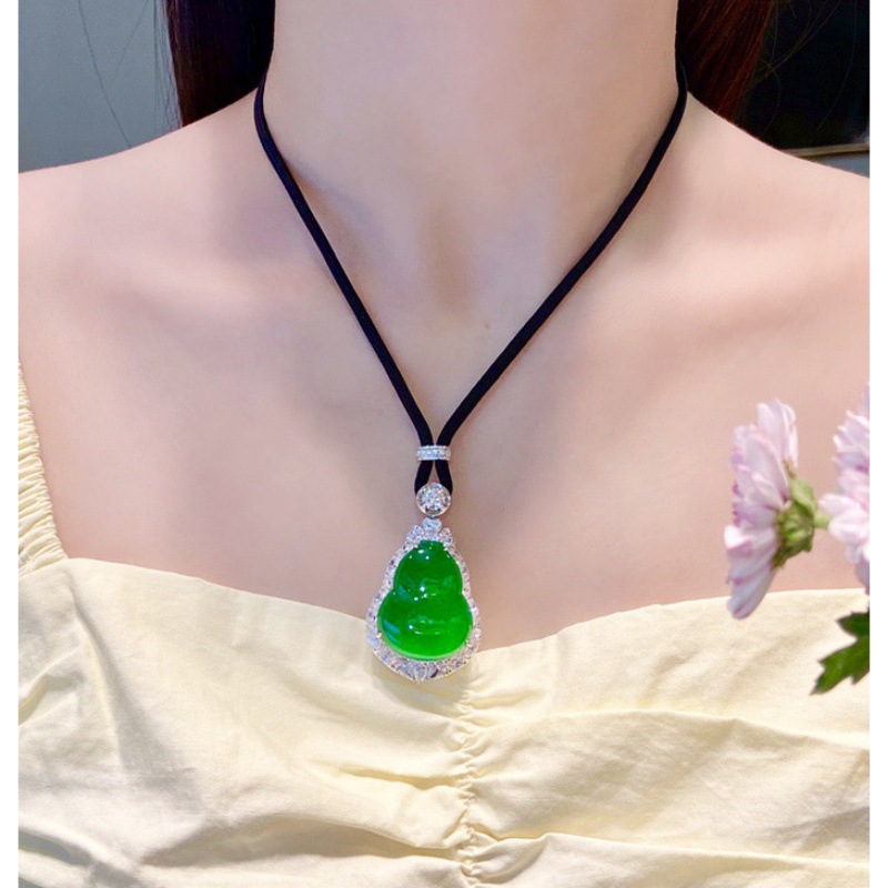 冰种正阳绿葫芦翡翠吊坠天然缅甸镶嵌帝王绿满绿好勒吊坠女款