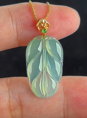 翡翠叶子玉坠18K金镶嵌缅甸天然A货浅绿树叶家大业大晴底玉叶吊坠
