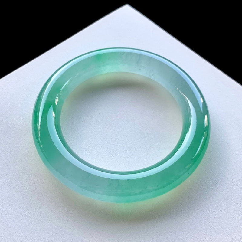 冰种圆条翡翠手镯天然缅甸老坑a货晴水底阳绿飘花翡翠玉手镯女款