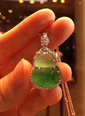 冰种翡翠葫芦吊坠天然缅甸a货飘花阳绿玉吊坠女正品带证书金镶嵌