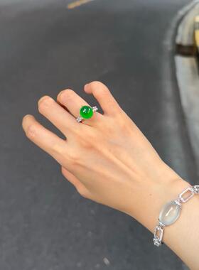 天然冰种帝王绿蛋面翡翠戒指老坑缅甸a货18k金镶嵌男女款玉吊坠