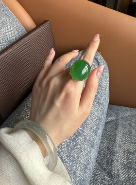 冰种正阳绿蛋面翡翠戒指18K金镶嵌缅甸天然a货正品帝王绿满绿指环
