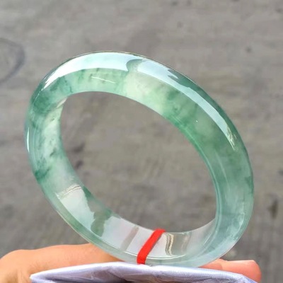 缅甸翡翠手镯冰种飘花玉手镯女细条少女款飘蓝花天然翡翠正圈