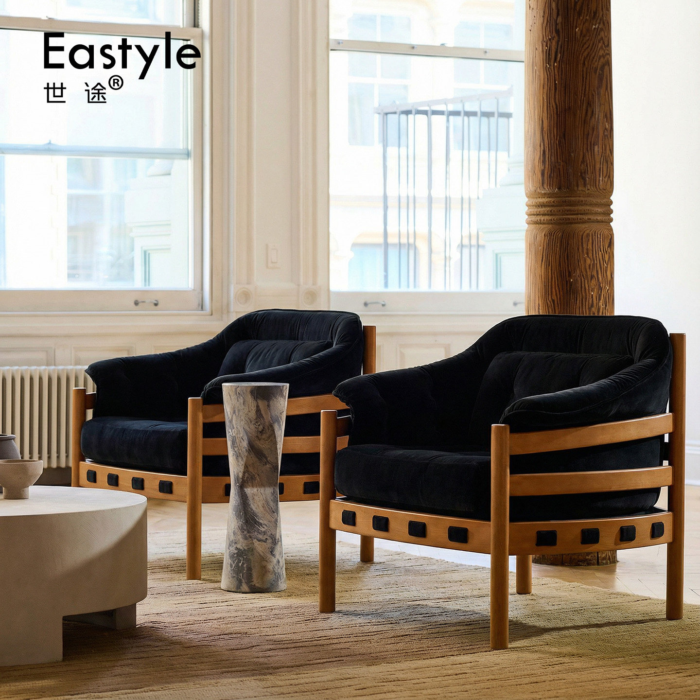 侘寂风实木设计师单人沙发椅家用客厅阳台复古休闲椅布艺懒人沙发