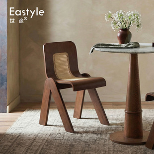 实木藤编设计师中古黑色家用法式复古餐椅小户型靠背椅侘寂风椅子