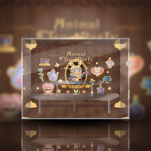 泡泡玛特PUCKY精灵动物茶话会潮玩收纳防尘盒高透亚克力展示盒
