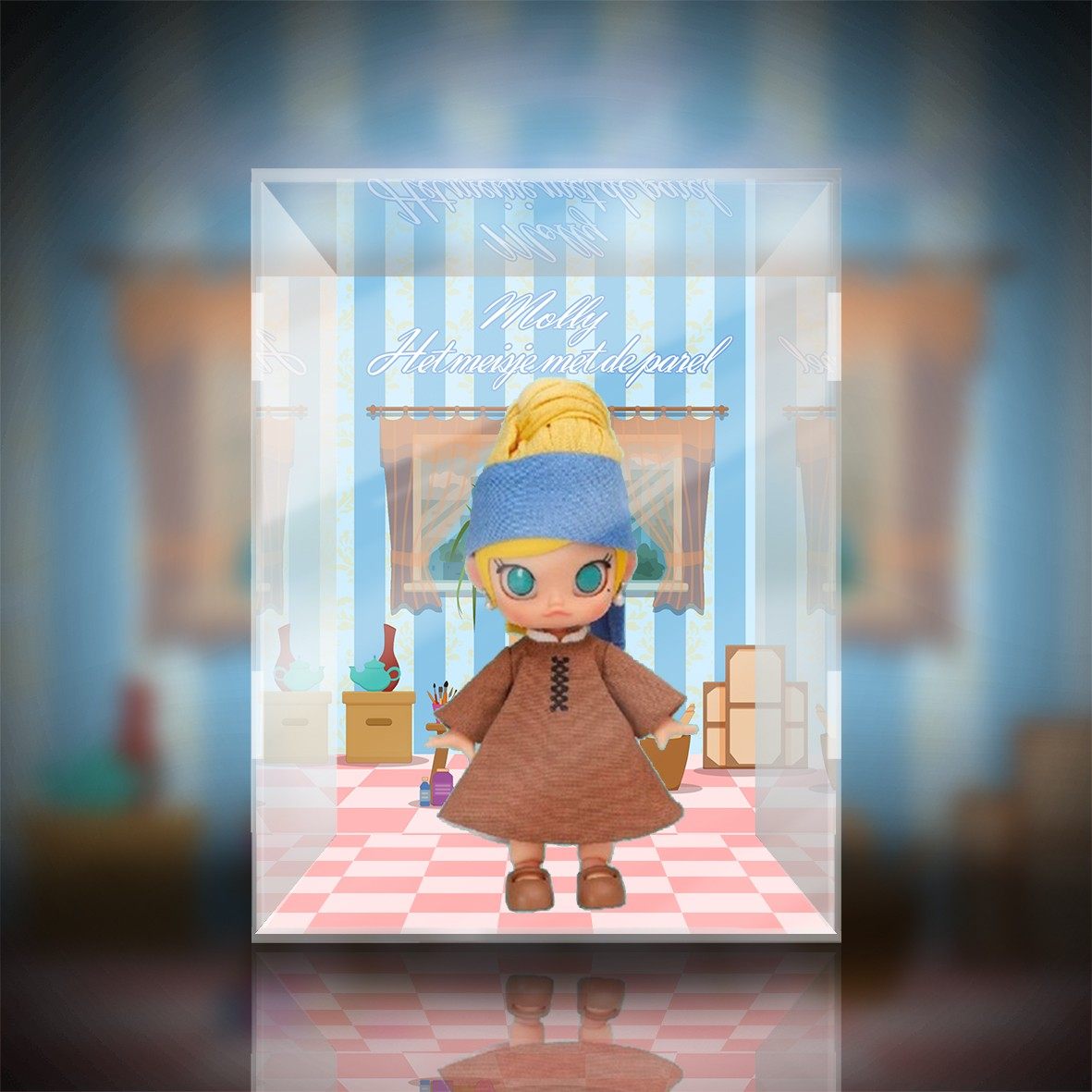 泡泡玛特 molly bjd 小布联名 戴珍珠耳环的少女亚克力展示盒