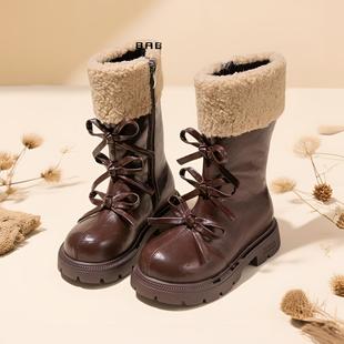 棕色美拉德靴子女童长筒靴加绒冬季高筒二棉羊羔绒儿童马丁雪地靴