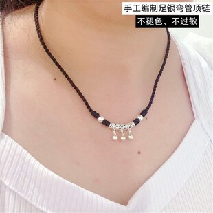 999纯银弯管女士项链手工黑绳竹节管网红锁骨链足银防过敏不掉色