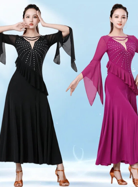 新款镶钻V领喇叭袖舞蹈连衣裙广场舞拉丁舞三步踩华尔演出舞蹈服