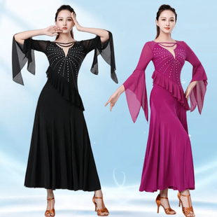 新款 舞蹈连衣裙广场舞拉丁舞三步踩华尔演出舞蹈服 镶钻V领喇叭袖