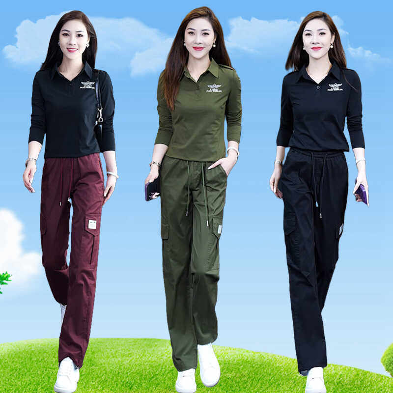 时尚迷彩服女士长袖套装秋季新款工装束脚长裤运动减龄弹力两件套