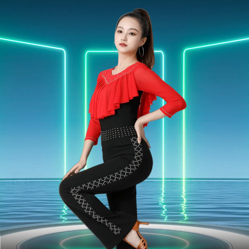 新款圆领彩钻上衣女广场舞三步踩