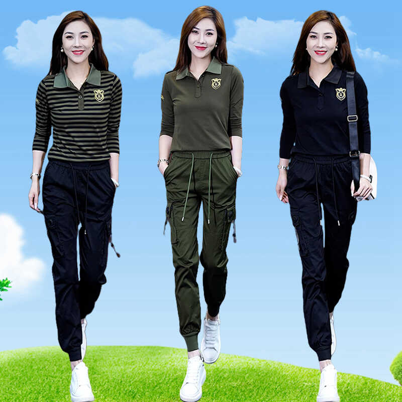迷彩服女秋季薄款高腰显瘦户外休闲运动套装时尚大码束脚裤两件套
