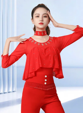 新款吉特巴舞服女拉丁舞烫钻上衣时髦国标舞蹈服装广场演出三步踩