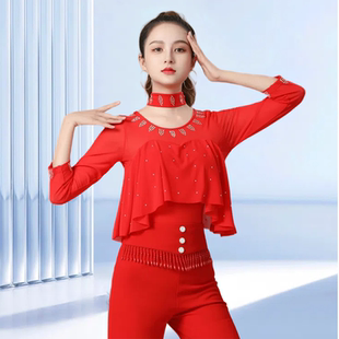 新款 广场演出三步踩 吉特巴舞服女拉丁舞烫钻上衣时髦国标舞蹈服装