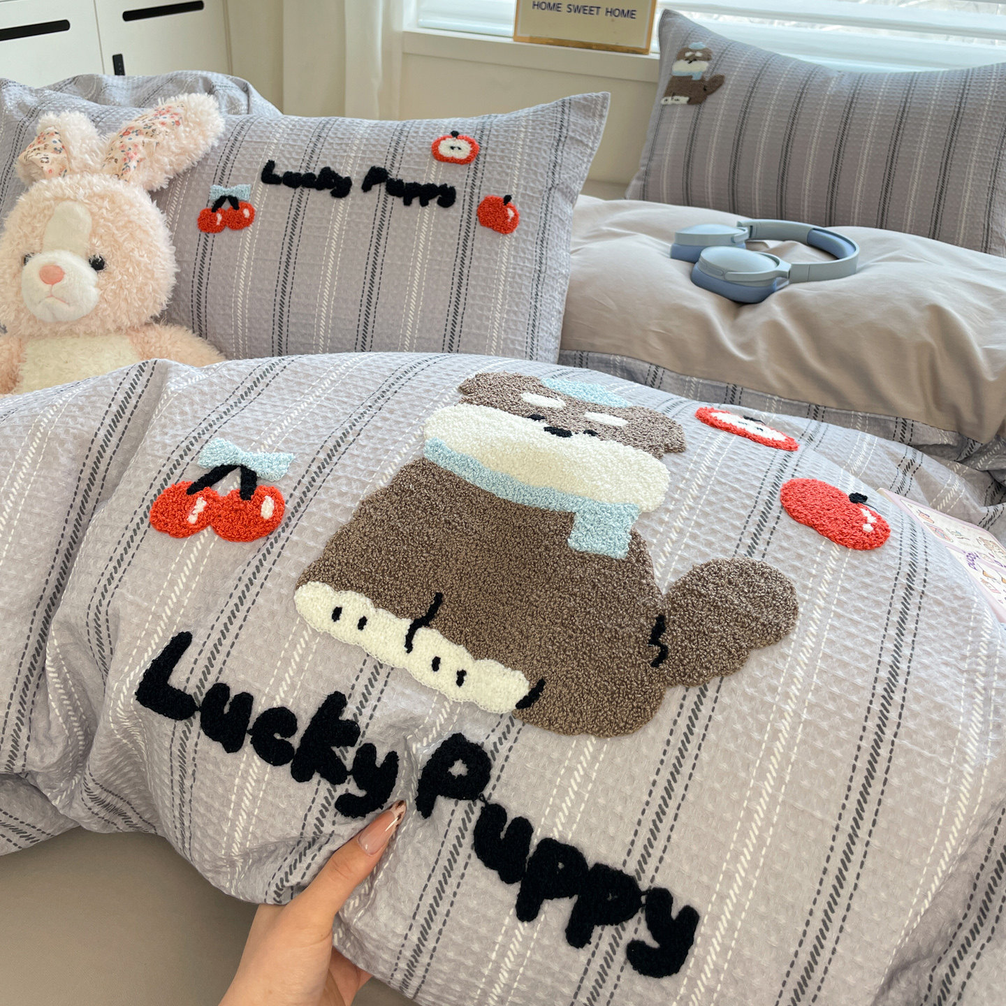 轻奢灰超柔毛巾绣华夫格A类全棉水洗棉四件套100%纯棉被套三件套,床上用品,床品套件/四件套/多件套,淘宝优惠券,粉丝福利购,淘宝优惠卷