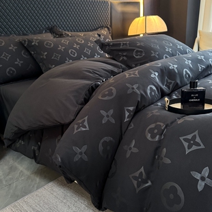 2026新款黑色四件套水洗棉磨毛床单被套床笠款男士高级感床上用品