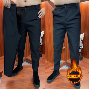冬季新款直筒加绒加厚小脚潮流韩版休闲裤黑武士男士西裤百搭裤子