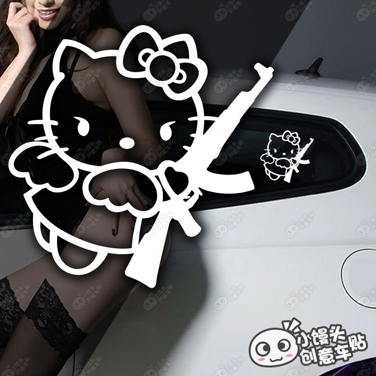 HelloKitty猫咪拿AK47KT猫天使翅膀趣味创意搞笑汽车电摩改装贴纸