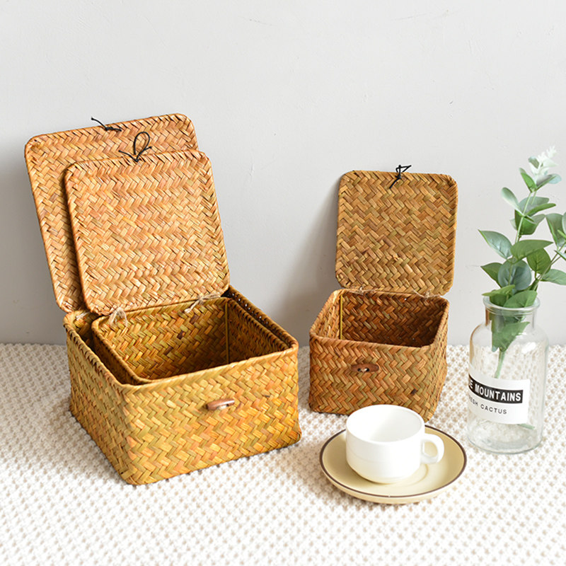 创意海草编织带盖收纳盒手工草编收纳筐婚礼田园篮带盖伴手礼盒
