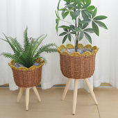 北欧落地式 客厅实木花盆藤编植物花架编织花篮子阳台绿植置物架子