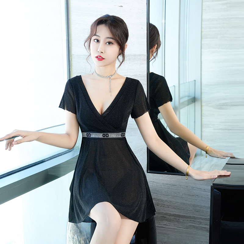 2024年新款性感深v遮肚a摆连衣裙夜店低胸透视短裙夜场技师工作服