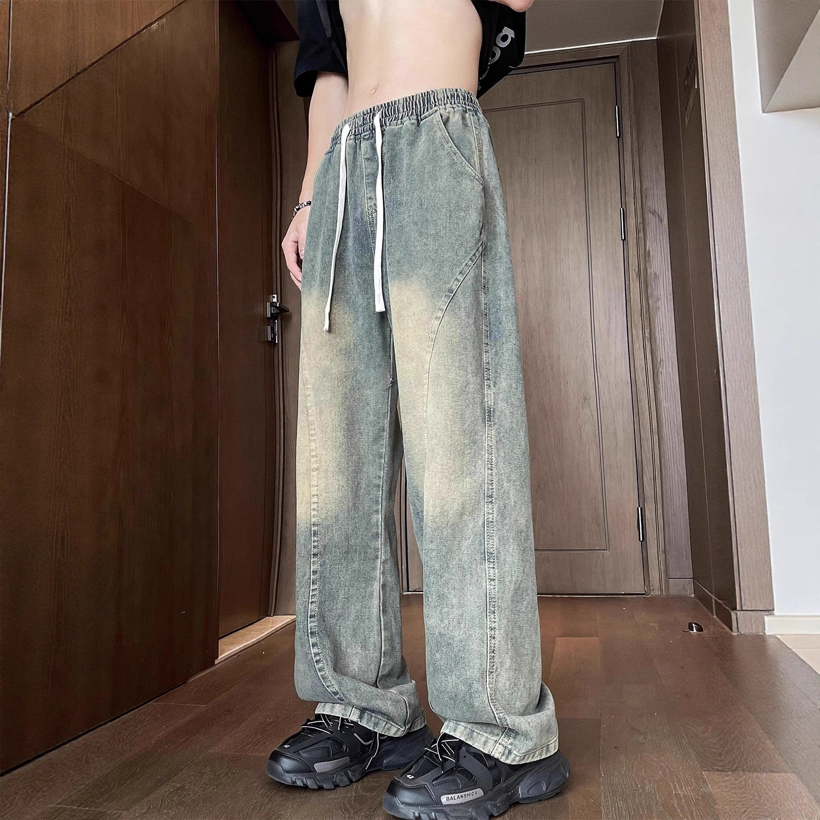 潮牌牛仔裤男美式宽松抽绳直筒休闲长裤子韩版潮流复古阔腿裤百搭