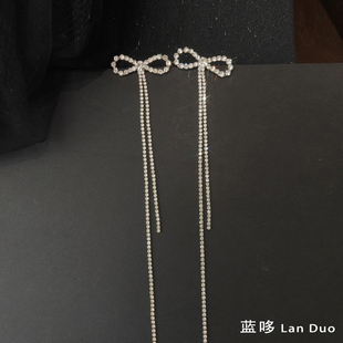 蝴蝶结耳环长款 流苏轻奢高级感气质礼服满钻耳饰银针无耳洞耳夹女