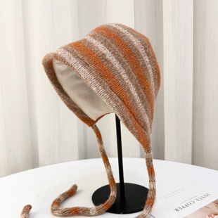 出口日本桔色条纹系绳针织帽子女冬天加厚保暖护耳渔夫帽包头帽子