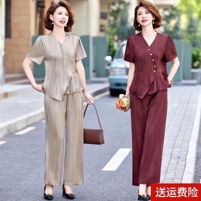 妈妈装夏装短袖纯色两件套时尚女