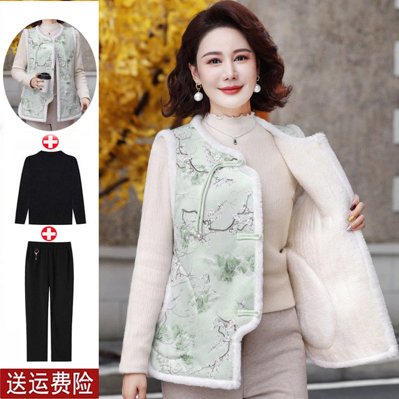 妈妈装冬季国风加绒加厚棉马甲女