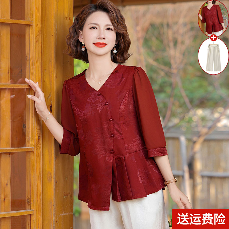 喜婆婆婚宴礼服2025新款中老年妈妈夏装套装洋气中年妇女雪纺衬衫