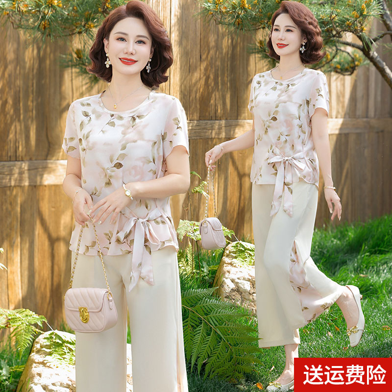 年轻妈妈夏装套装2025新款洋气雪纺短袖上衣中老年阔太太两件套女