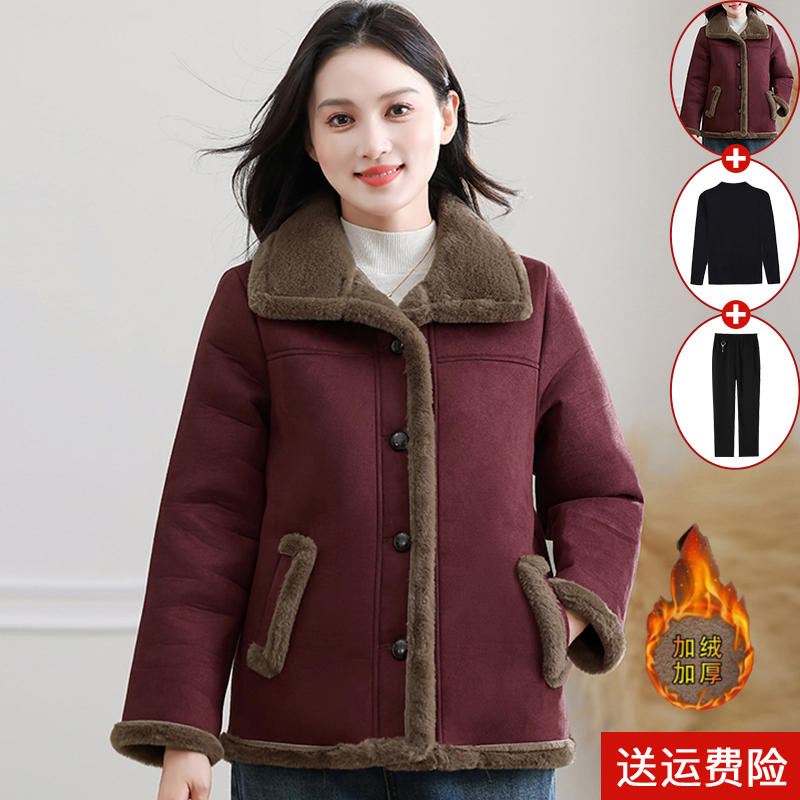 妈妈装冬季加绒加厚棉衣外套保暖