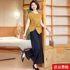 妈妈夏装套装2025新款中老年女装阔太太夏季气质冰丝短袖小衫上衣