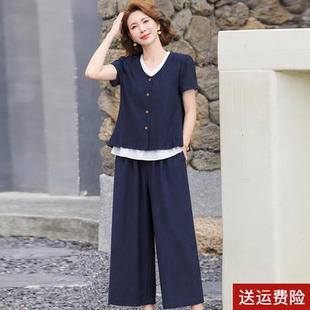 妈妈夏装端庄大气棉麻套装2026新款中老年女装夏季短袖t恤两件套