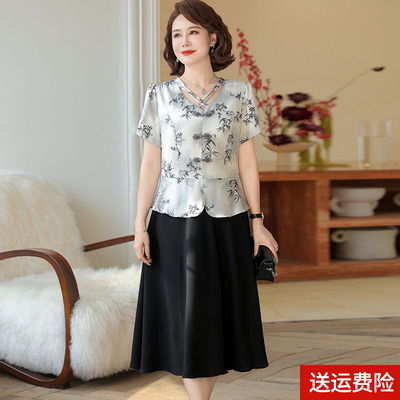 妈妈装夏装短袖假两件连衣裙雪纺