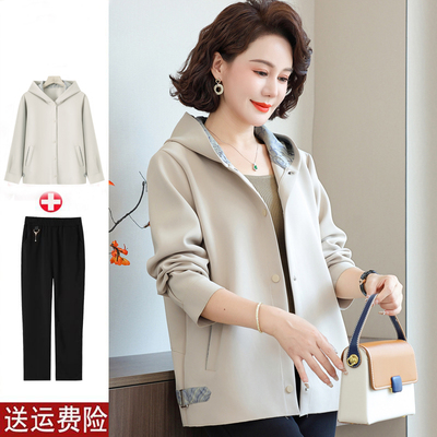 妈妈装春秋时尚纯色连帽夹克外套