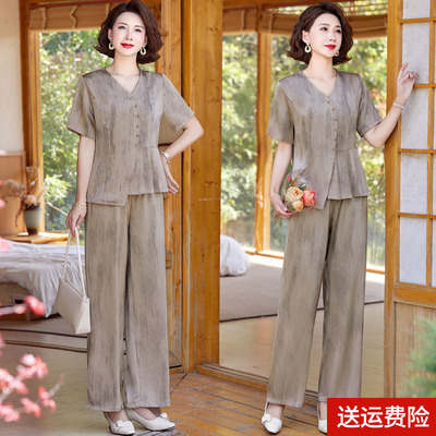 妈妈装夏装短袖国风纯色V领套装