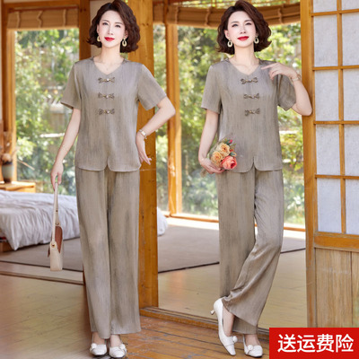 妈妈装夏装短袖国风套装长裤纯色