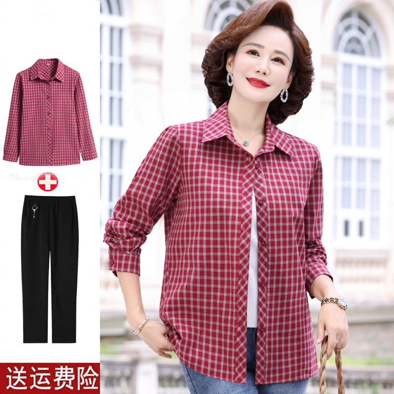 中年人纯棉衬衣女长袖2025新款格子上衣服中老年妈妈春秋全棉衬衫