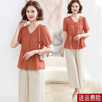 妈妈装短袖棉麻纯色时尚套装百搭