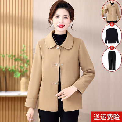 妈妈装春秋时尚纯色毛呢外套百搭