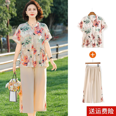 妈妈夏季短袖国风打底衫裤子套装