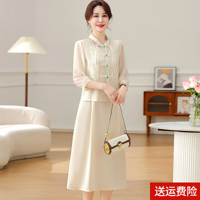 妈妈装春夏七分袖两件套连衣裙女