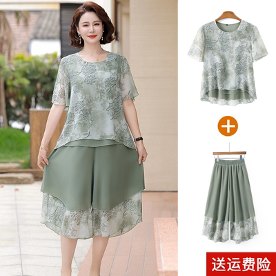 妈妈装夏装短袖国风套装时尚雪纺