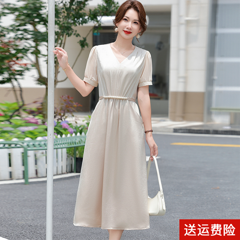 妈妈装夏季短袖时尚纯色连衣裙女