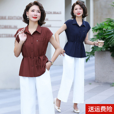妈妈装夏季短袖翻领打底衫百搭女